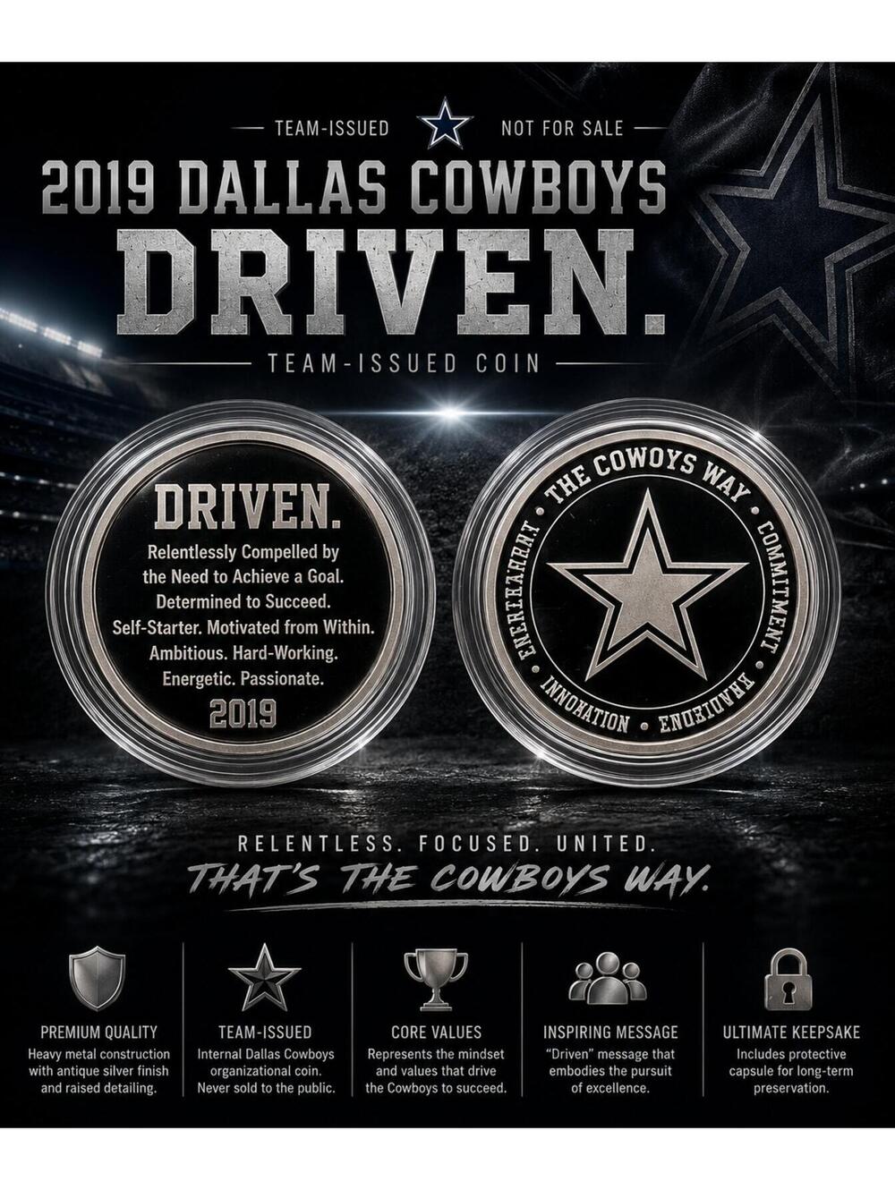 2019 Dallas Cowboys “Driven” Team-Issued –Internal Organizational Challenge Coin